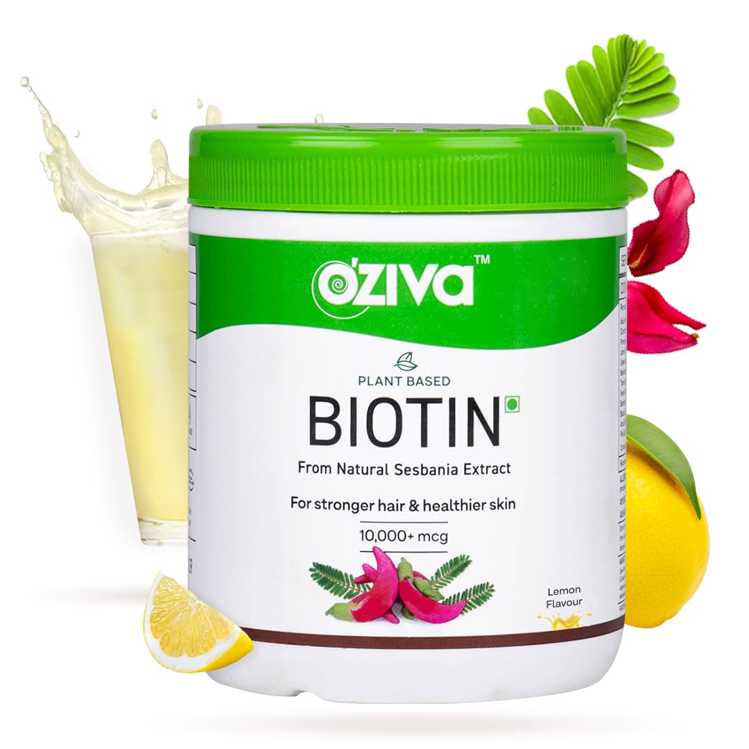 OZiva Biotin For Hair Growth|Biotin Powder for Hair & Healthier Texture, Skin, Nails & Body (With Silica, Sesbania Agati, Vitamin B6),Certified Clean & Vegan, 125g (Lemon)