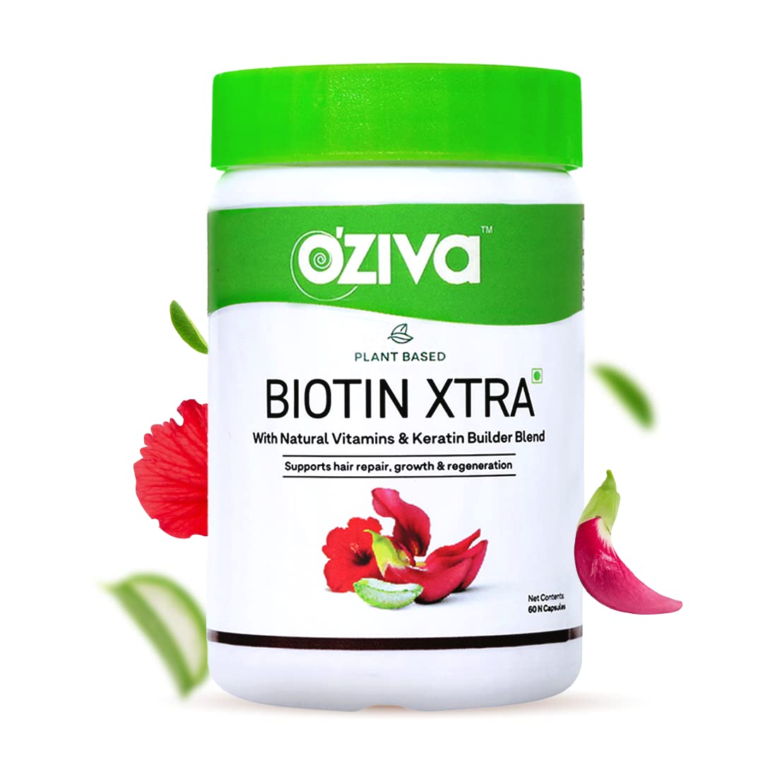 OZiva Plant Based Biotin Xtra | Biotin for hair growth & Regeneration | Biotin 7000 mcg+ with Keratin Builder, Sesbania Agati & Aloe Vera (60 Capsules)