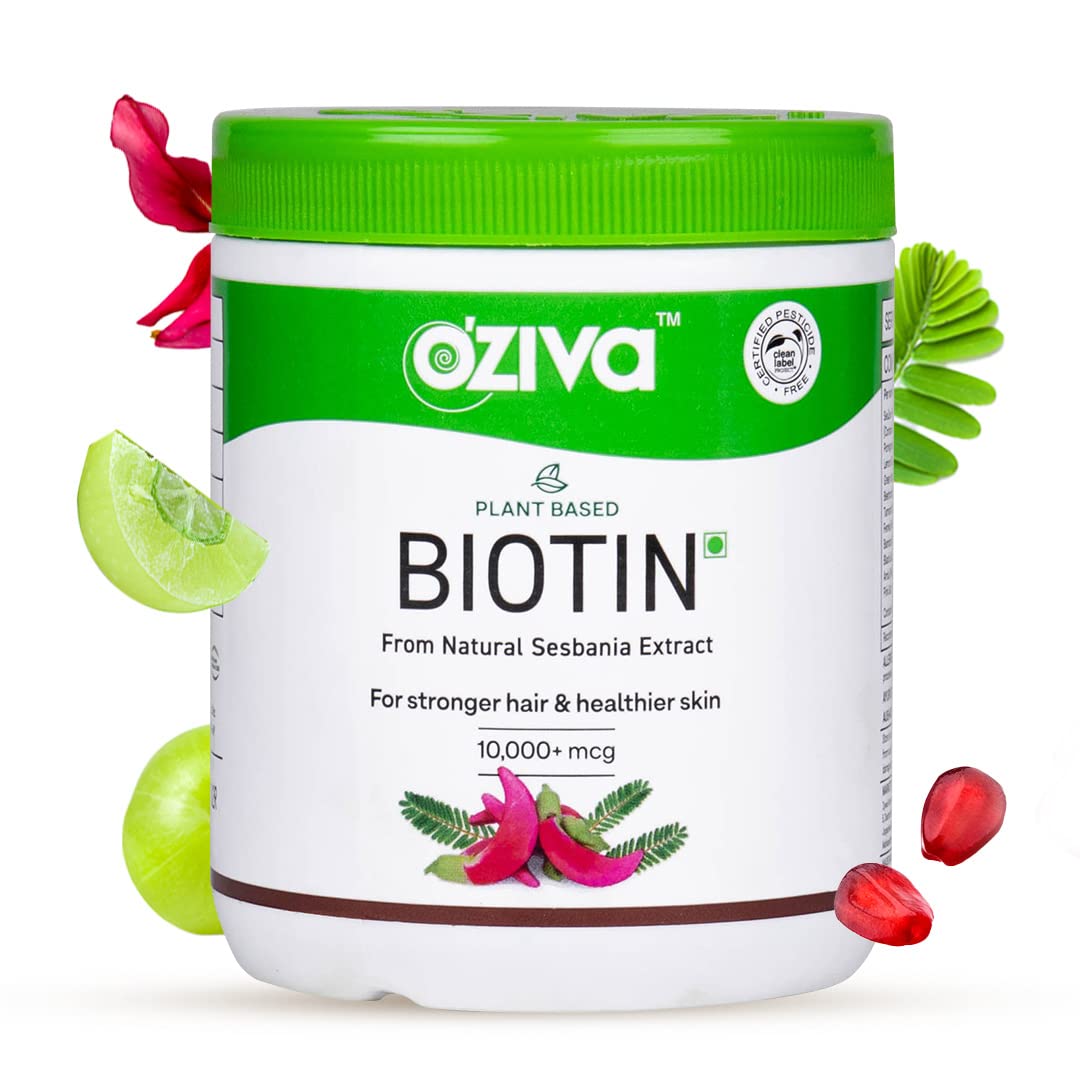OZiva Plant Based Biotin for Hair Growth| Biotin Powder for Increased Hair Density, Shinier Hair, Healthier Skin & Nails (With Silica, Sesbania Agati), Certified Clean & Vegan, 125g (Classic)