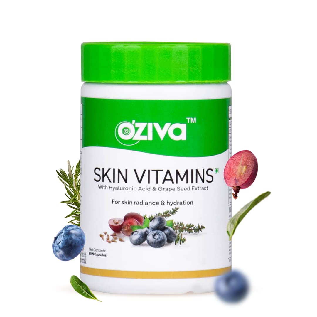 OZiva Skin Vitamins 60 Capsules for Men & Women (with Hyaluronic Acid, Vitamin E & C for Radiant Skin & Hydration, Certified Clean & Vegan, 50 grams