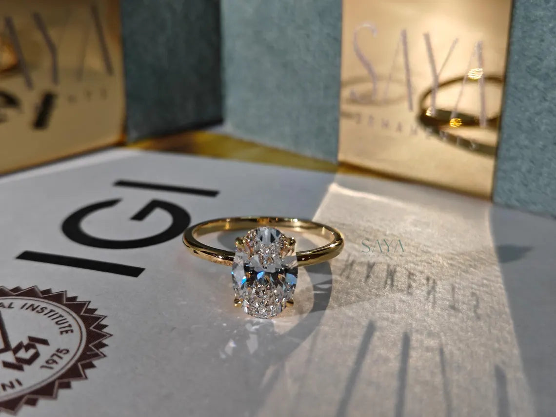 Diamond ring on a box with IGI logo