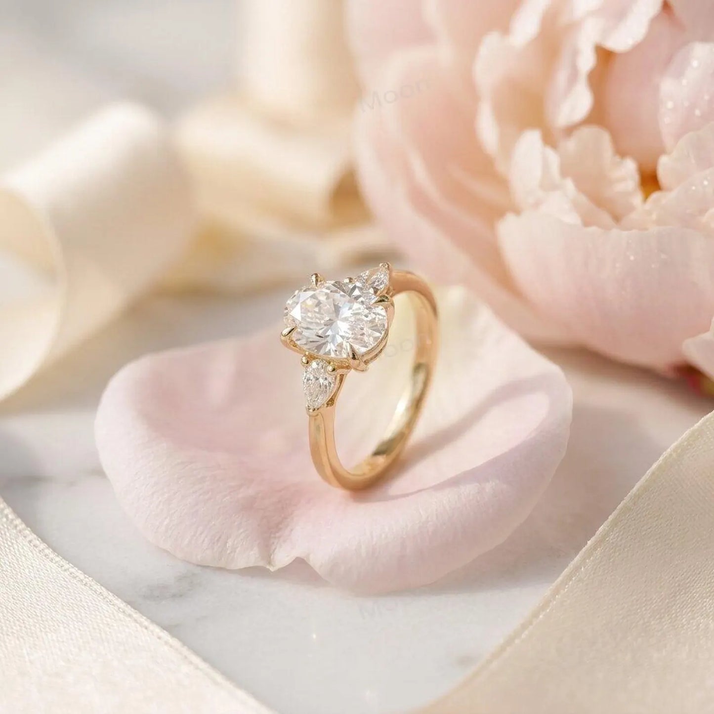 2.5ct Oval Cut Moissanite Ring, Petite Three Stone Engagement Ring, 14K Solid Gold Dainty Minimalist Jewelry, Pear Side Stone Promise Gift