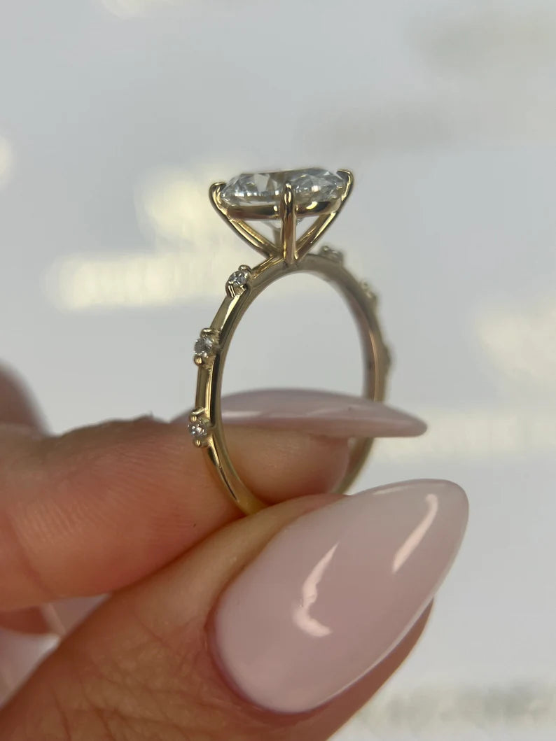 POPULAR STYLE D Color VVS2 Clarity Oval Cut Lab Grown Diamond Thin Dainty Solitaire Engagement Ring, Side Rounds 14k Gold