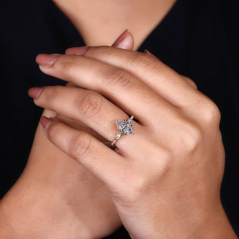 2 CT Dutch Marquise Engagement Ring with Lab Grown Diamond, Featuring Rose Cut Diamond Pave Setting, Handmade Custom Ring