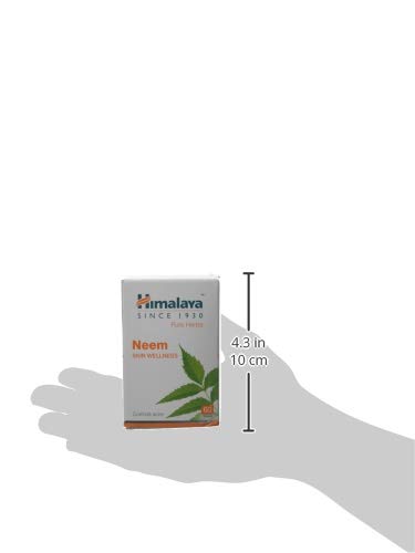 Himalaya Neem tablet box held in a hand with dimensions indicated