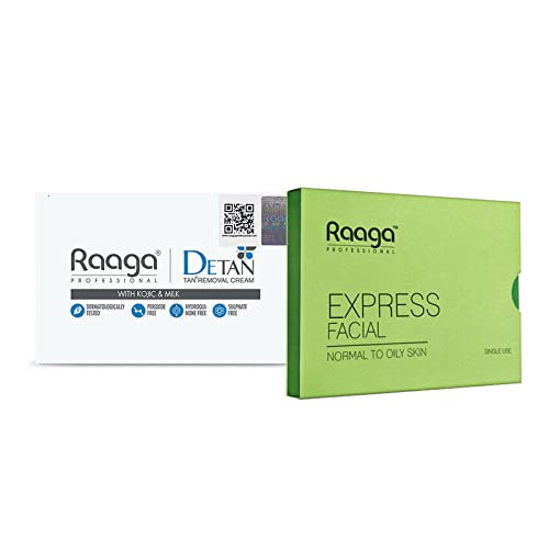 Raaga Professional De-Tan Tan removal Cream Kojic & Milk | 72g (12g*6) & Raaga Professional Express Facial Kit | Normal to Oily | 35gm