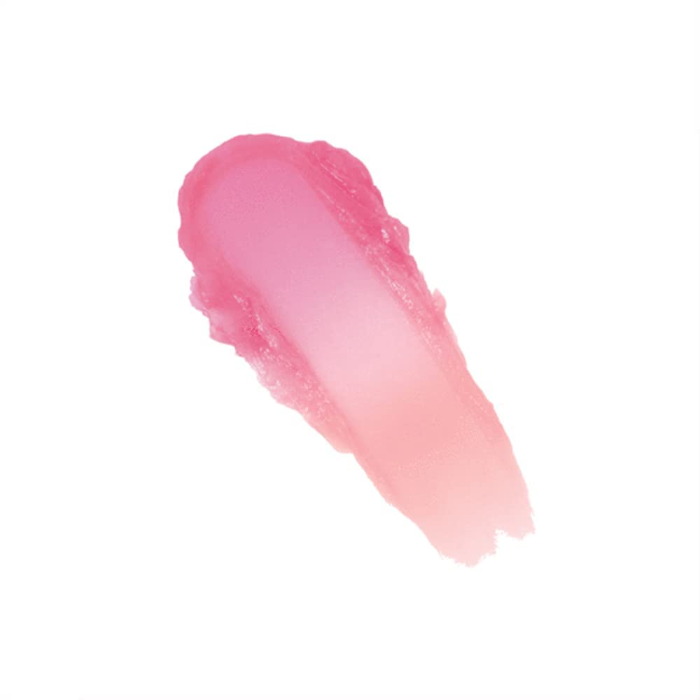 Pink lip balm swatch on a white background