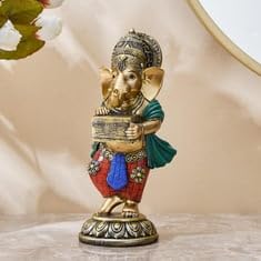 Handicraft Lord Ganesha Playing Musical Guitar, Dholak, Harmonium Resin Statue Showpiece Cute Figurines Set of 3 (Multicolour, 19cm Tall)