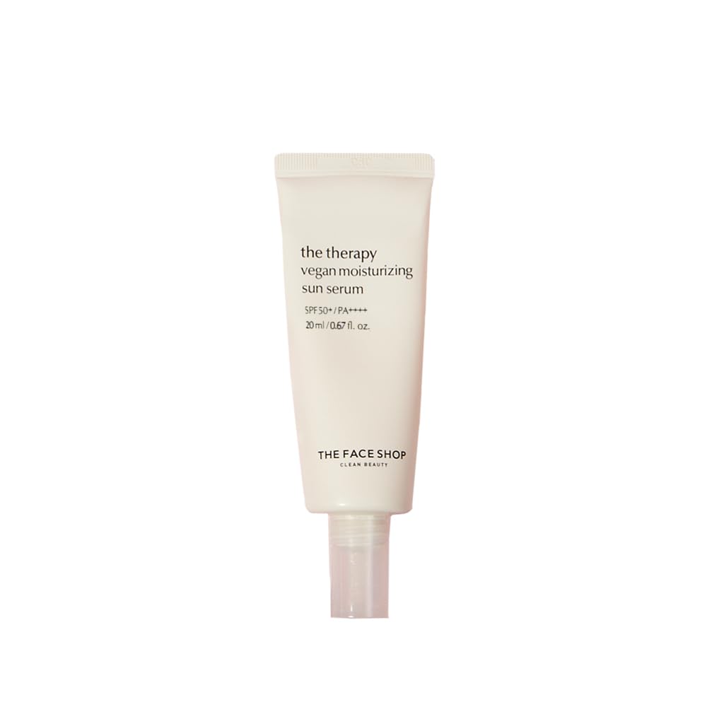 Tube of 'the therapy vegan moisturizing sun serum' by The Face Shop on a white background