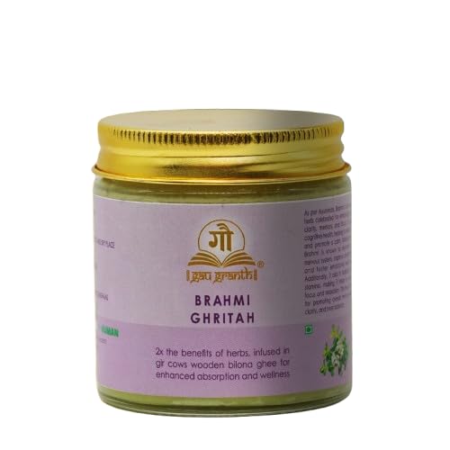 cow ved GauGranth Brahmi Gritah A2 Gir Cow Ghee – 100ml (Pack of 1) | Traditional Wooden Bilona Desi Ghee | Infused with Brahmi for Brain Health, Memory, Focus & Stress Relief | Grassfed, 100% Pure & Natural | Glass Jar Packaging