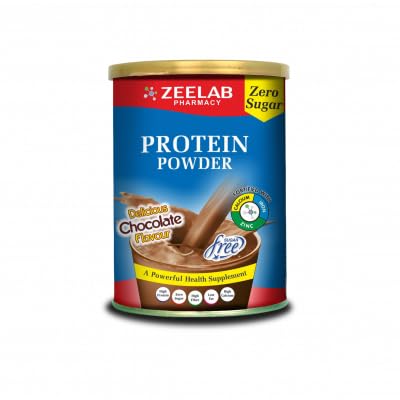 Can of Zeelab Protein Powder with chocolate flavor on a white background