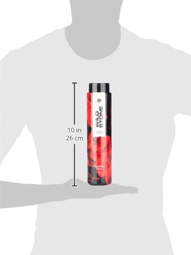 Red and black hair product bottle held by a mannequin with height measurement