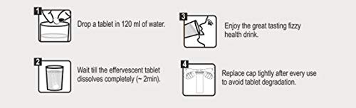 Instructions for dissolving a tablet in water with icons and text.
