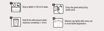 Instructions for dissolving a tablet in water with icons and text.