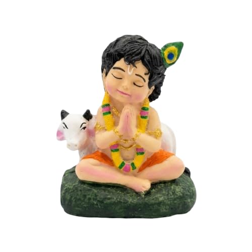 DOOR BIG Bal Gopal Krishna Statue with Holy Cow - Small Resin Krishna Idol for Puja Room, Living Room Decoration Items, Janmashtami Gift & Home Inauguration Return Gifts