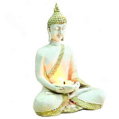 Buddha Sitting with Tea Light in Hand Polyresin Idol - Perfect for Living Room, Bedroom and Office Space Home Decor Staircase Wall Decoration Gifting (Buddha with Tea Light)