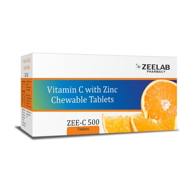 Box of Vitamin C with Zinc Chewable Tablets by Zeelab Pharmacy on a white background