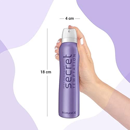 Hand holding a purple deodorant spray bottle labeled 'Secret Temptation Romance' with measurements on a light purple background.