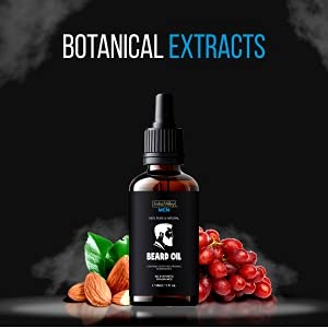 Bottle of beard oil with botanical elements on a dark background, featuring 'Botanical Extracts' text.