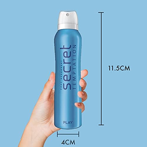 Blue hair spray bottle held by a hand with measurements on a blue background