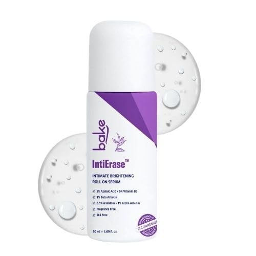 BAKE IntiErase™ Intimate Brightening Roll-On Serum With 5% Azelaic Acid, 5% Niacinamide, Alpha Arbutin | For Dark Underarms, Inner Thighs, Knees & Bikini Area | Intimate Areas for Women & Men - 50ml