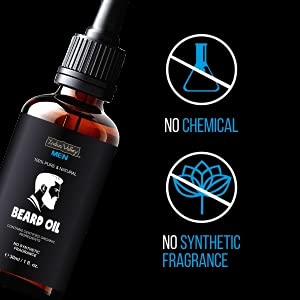 Beard oil bottle with dropper labeled 'No Chemical' and 'No Synthetic Fragrance' on a black background