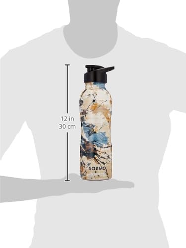 Floral-patterned water bottle held by a mannequin with dimensions indicated.