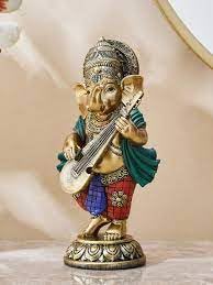 Handicraft Lord Ganesha Playing Musical Guitar, Dholak, Harmonium Resin Statue Showpiece Cute Figurines Set of 3 (Multicolour, 19cm Tall)
