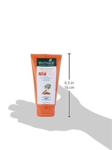 Biotique Sun Shield sunscreen tube with dimensions on a white background