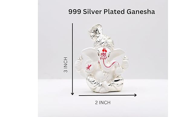 Gold Art India Silver Plated Pagdi Ganesh Idol for Car Dashboard Ganesha Murti Ganpati Idol for Home Decor Puja Lord Ganesh Statue Gift for Office Desk Ganpati Idol for Pooja Room White Figurine