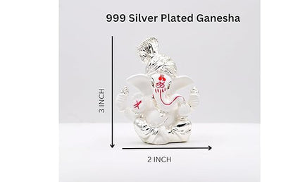 Gold Art India Silver Plated Pagdi Ganesh Idol for Car Dashboard Ganesha Murti Ganpati Idol for Home Decor Puja Lord Ganesh Statue Gift for Office Desk Ganpati Idol for Pooja Room White Figurine