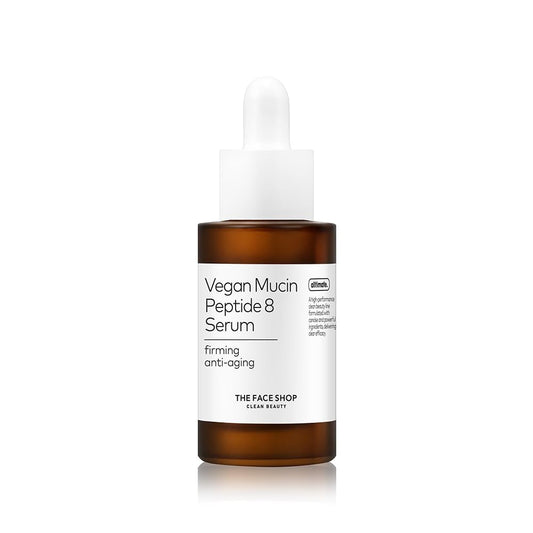 Vegan Mucin Peptide 8 Serum bottle with white label on a white background