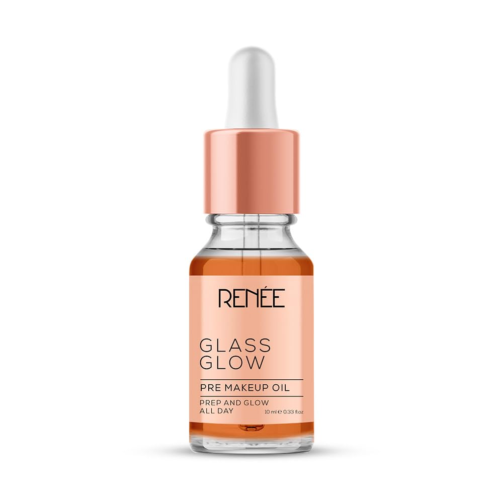 Bottle of Renee Glass Glow pre makeup oil on a white background