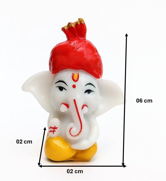 Pagadi Ganesha Lord Ganesh Idol, White and Red Resin Statue with Golden Crown, Decorative Religious Hindu Temple Pooja Room Home Office Car Dashboard Decor