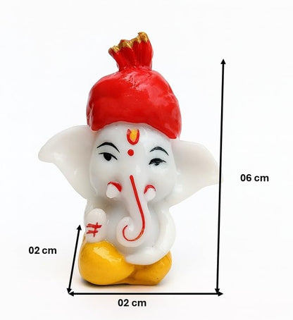 Pagadi Ganesha Lord Ganesh Idol, White and Red Resin Statue with Golden Crown, Decorative Religious Hindu Temple Pooja Room Home Office Car Dashboard Decor