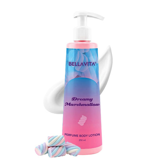 Perfume body lotion with gradient design and 'Bellavita' branding on a white background