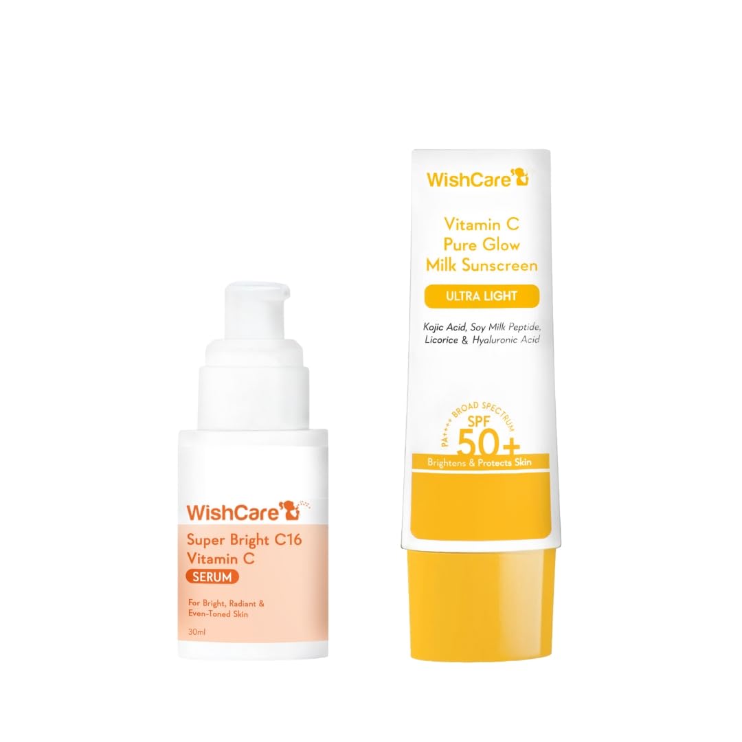 WishCare skincare products including a serum and sunscreen on a white background