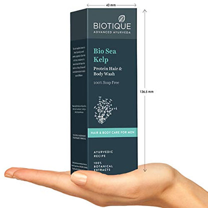 Biotique Bio Sea Kelp Protein Hair & Body Wash box held in a hand with dimensions indicated.