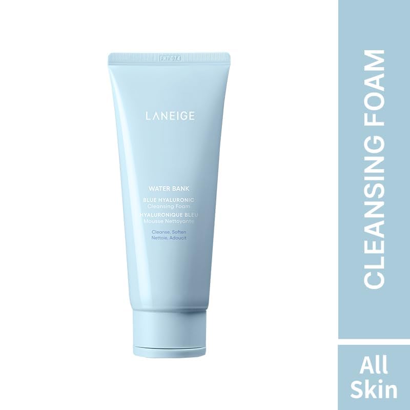 Laneige cleansing foam tube on a white background with text indicating 'Cleansing Foam' and 'All Skin'.