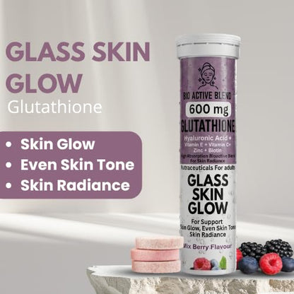 Nutrasium Glutathione Tablets for Skin Glow & Even Skin Tone | 600 mg L-Glutathione Reduced with Hyaluronic Acid, Vitamin C & E, Zinc & Biotin | 15 Effervescent Tablets, Mixed Berry Flavour