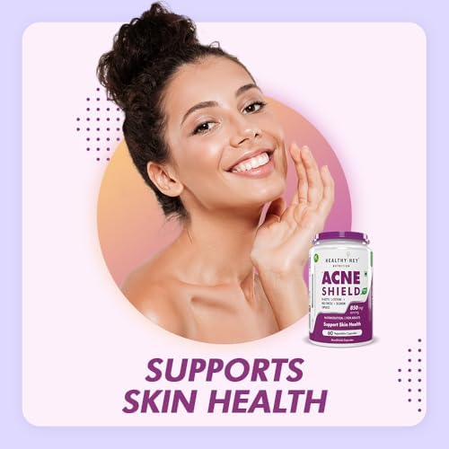 Woman with clear skin holding a bottle labeled 'Acne Shield' against a light purple background.