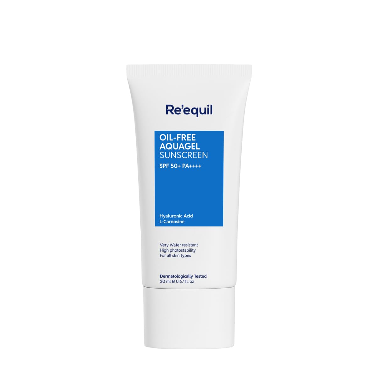 Re'equil oil-free aquagel sunscreen tube on a white background