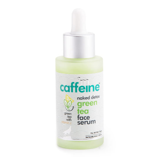 Caffeine face serum bottle with dropper on a white background