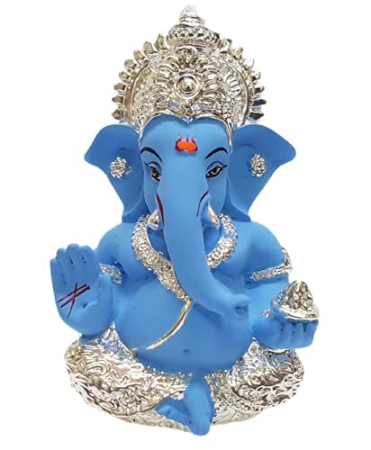 Gold Art India 999 Silver Plated Idol for Ganesh Idol for Car Dashboard God Ganesha Idol for Home Decor Ganpati for Gift 3.5 inches (Silver) (Silver Sky Blue), Idol