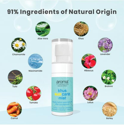 Aroma Treasures Khus Sun Care Mist 60ml | Cooling & Soothing Face & Body Spray | Hydrating Sun Care Mist with Essential Oils | Detan, Refresh & Nourish Skin | Apply Before Sunscreen & After Sun Exposure