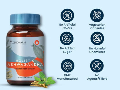 ZEROHARM Nano Ashwagandha Supplement with 10% Withanolides 600mg Per Serving | Ashwagandha Root + Pectin | Natural Adaptogen for Stress Balance, Energy, Focus & Performance | Men & Women | 60 Tablets