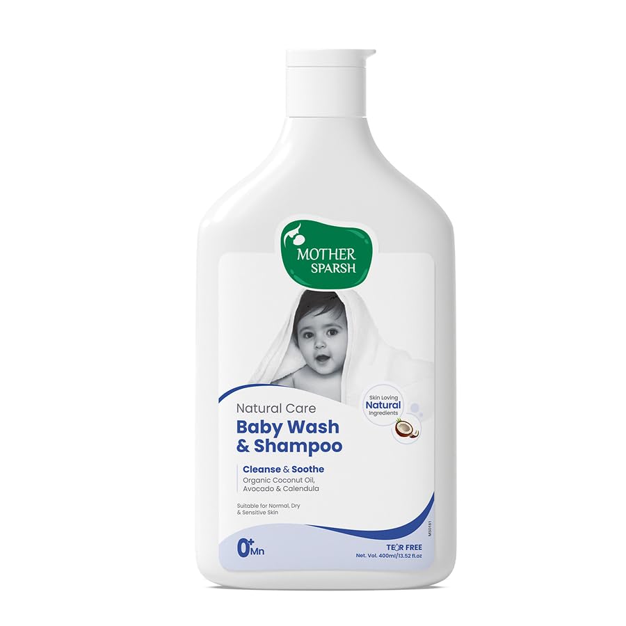Mother Sparsh Natural Care Baby Wash & Shampoo-400ml | Baby Head to Toe Wash | Tear Free Formula With Organic Coconut Oil, Calendula & Avocado | Suitable for Newborn Sensitive Skin