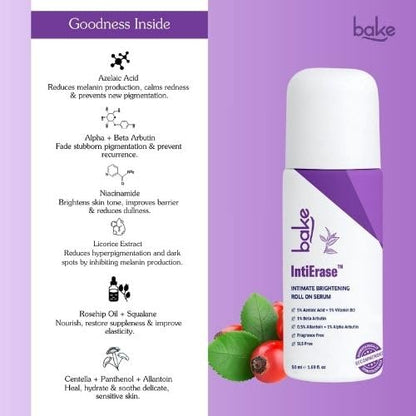 BAKE IntiErase™ Intimate Brightening Roll-On Serum With 5% Azelaic Acid, 5% Niacinamide, Alpha Arbutin | For Dark Underarms, Inner Thighs, Knees & Bikini Area | Intimate Areas for Women & Men - 50ml