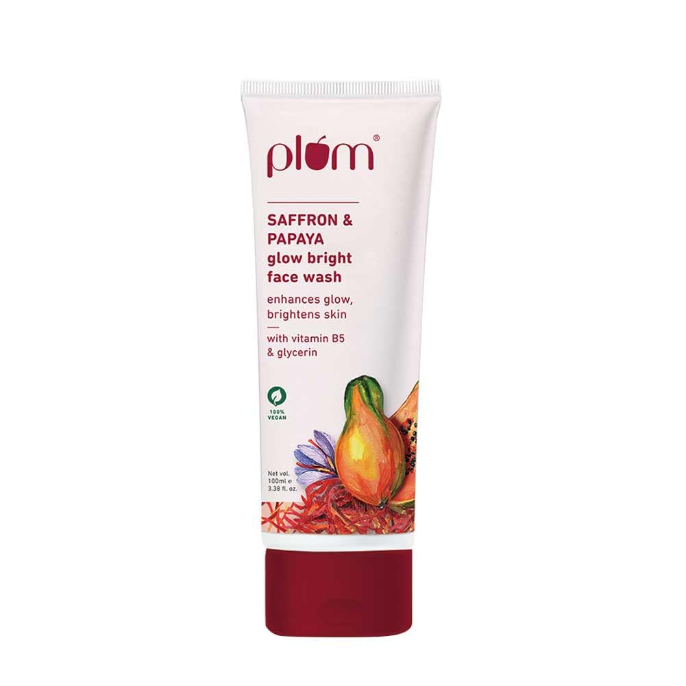 Tube of plum Saffron & Papaya glow bright face wash on a white background