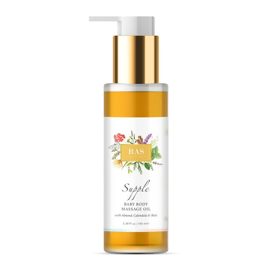 Ras Luxury Oils Supple Baby Body Massage Oil with Calendula & Almond Extract for Soft, Smooth & Strengthen Skin | Non-Sticky, Light weight & Gentle On Baby’s Skin, 100ml